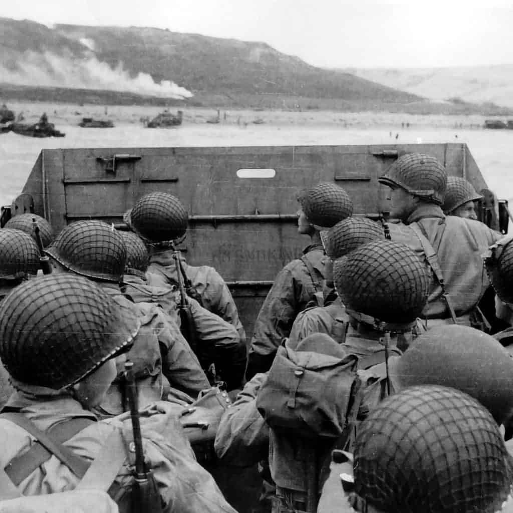 U.S. assault troops in an LCVP landing craft approach Omaha Beach, 6 June 1944.