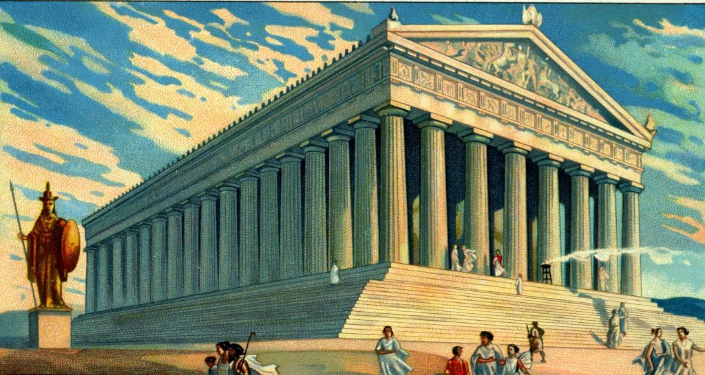 An engraving of the Parthenon in Ancient Greece.