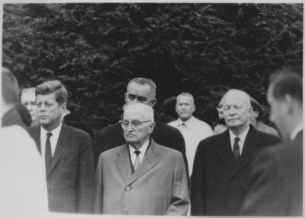 35th President of the United States John F. Kennedy, Vice President (36th US President) Lyndon B. Johnson, and ex-Presidents Harry S. Truman (33rd) and Dwight D. Eisenhower (34th), at the funeral of Eleanor Roosevelt in Hyde Park, New York, 10 November 1962. 