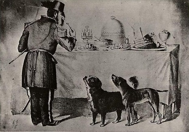 cartoon called The Three Bummers showing famous stray dogs Bummer and Lazarus begging for scraps from Emperor Norton, c. 1860s.