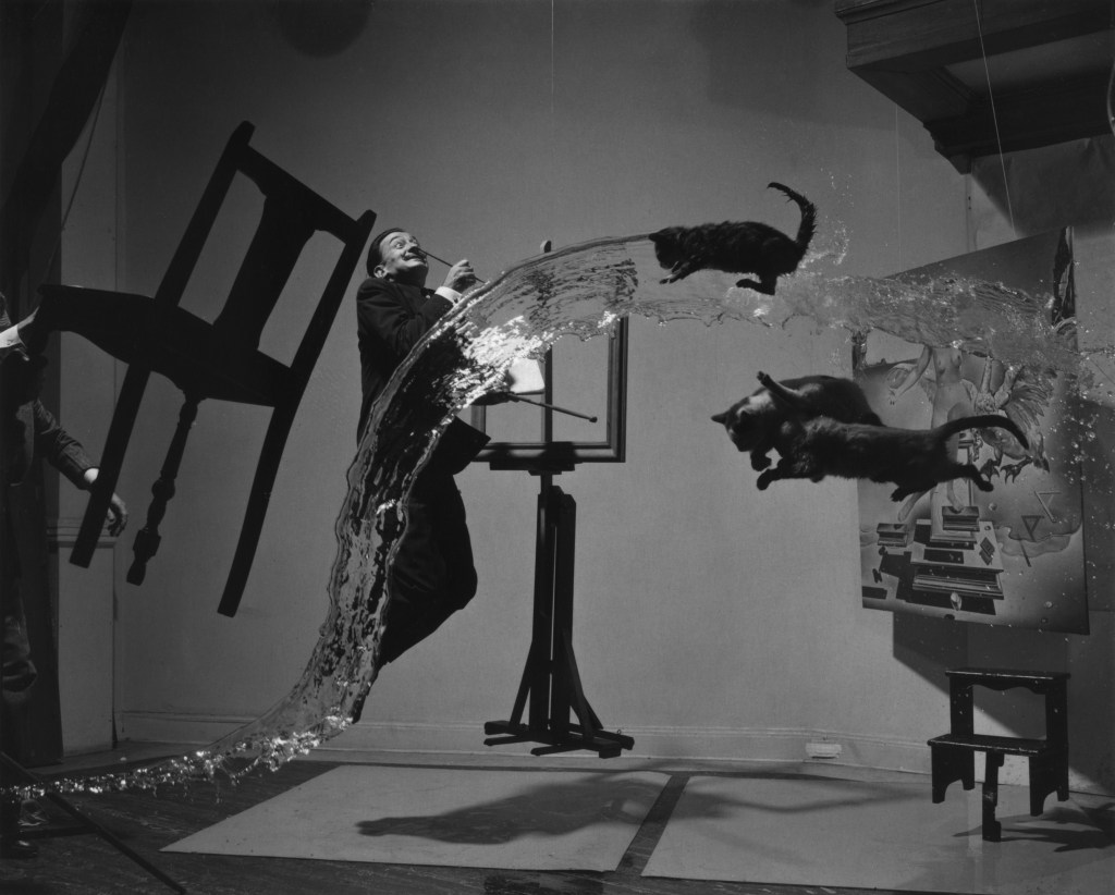 Salvador Dali suspended in mid air along with other objects within the iconic photograph Dali Atomicus taken in 1948