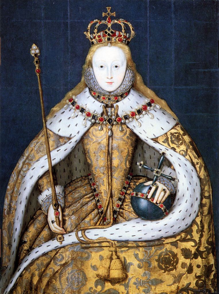 Queen Elizabeth I painted in her coronation robes and holding the crown jewels.
