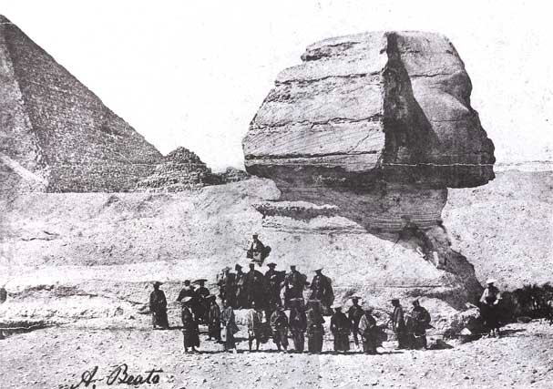 A group of Japanese samurai in traditional clothing infront of the Sphinx and near the pyramids in Giza, Egypt in 1864