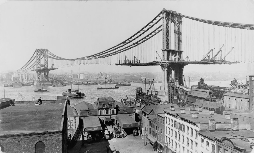 Photographs of the Manhattan Bridge under construction. You can see the layout of the bridge but there is still a lot to build. March 23 1909.
