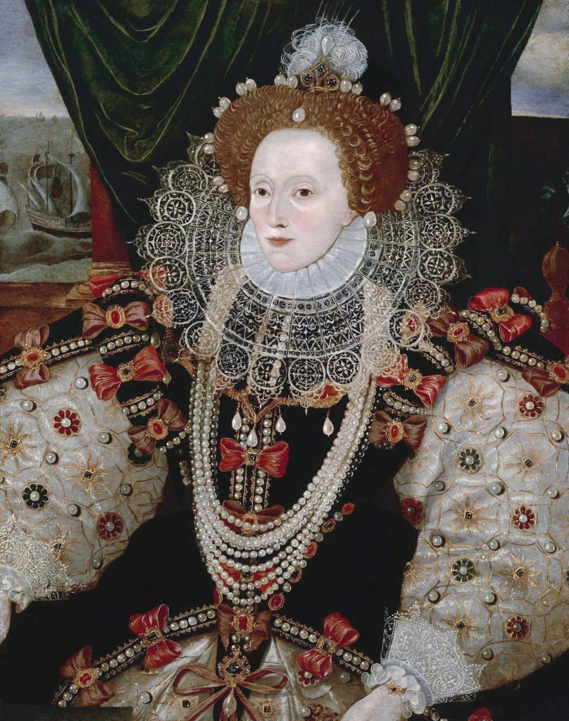 Portrait painting of Queen Elizabeth I dressed in her famous clothing and covered in pearls 1588
