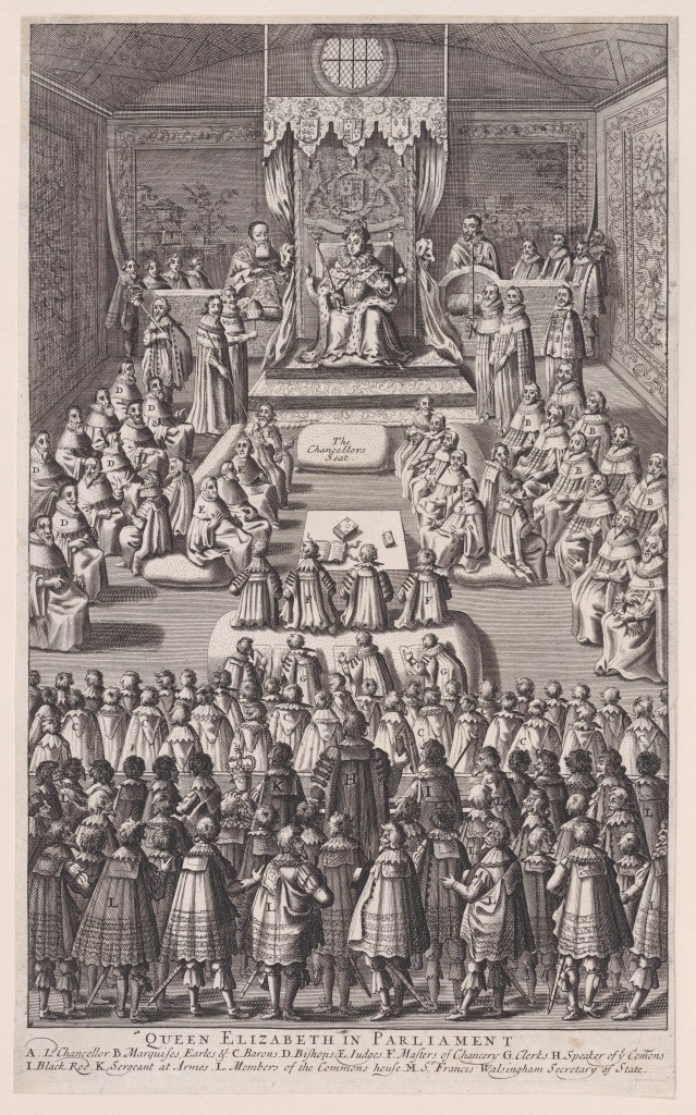 Queen Elizabeth I sitting in the center of Parliament surrounded by Lords, Bishops and other peers that work within parliament.