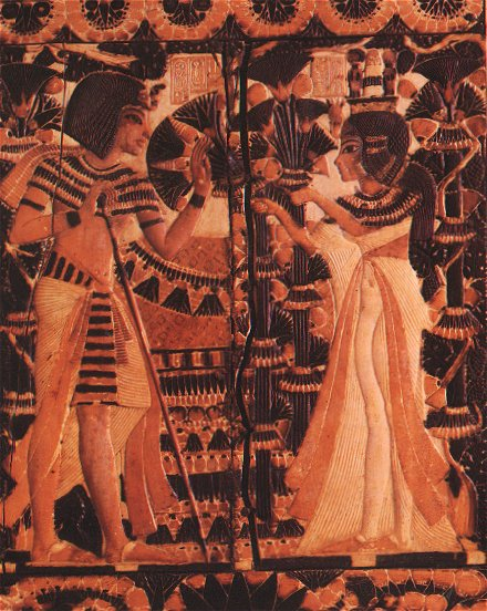 Tutankhamun with his wife and half-sister Ankhesenamun. Ankhesenamun is also believed to have been married to her father, and also to her maternal grandfather after the death of Tutankhamun.