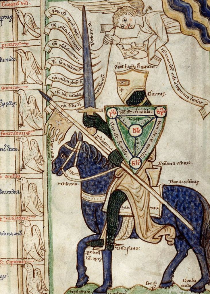 Painting of a medieval knight with a sword and shield on a horse.