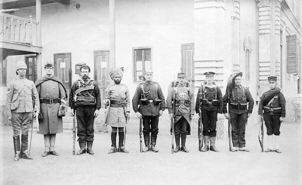 Troops of the Eight nations alliance of 1900 in China. Left to right: Britain, United States, Australia (British Empire colony at this time), India (British Empire colony at this time), Germany (German Empire at this time), France, Austria-Hungary, Italy, Japan.