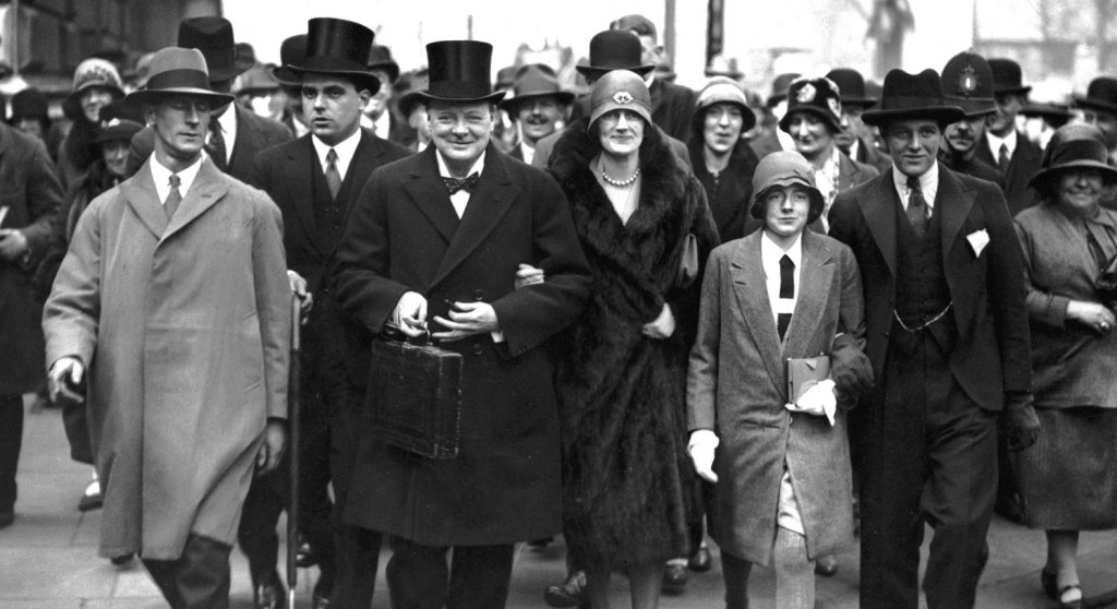 Churchill on Budget Day with his wife Clementine and children Sarah and Randolph, 15 April 1929.