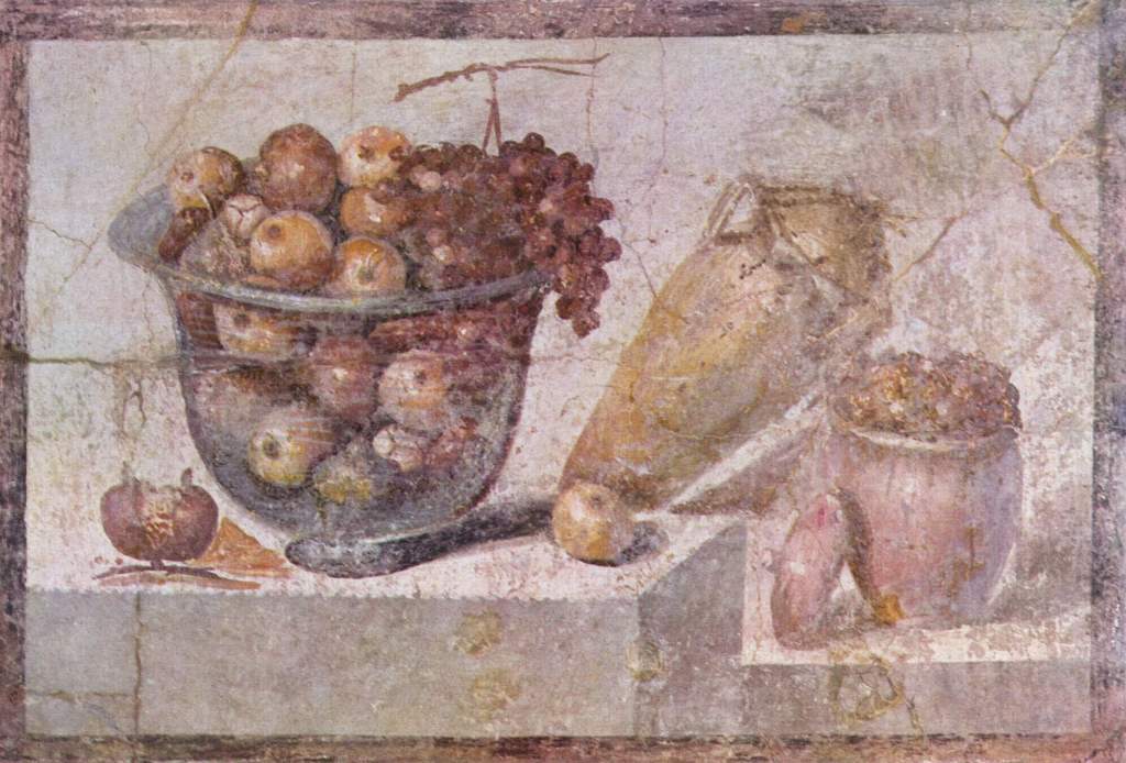 Roman Pompeii Painting Still life with glass bowl of fruit and vases Still Life