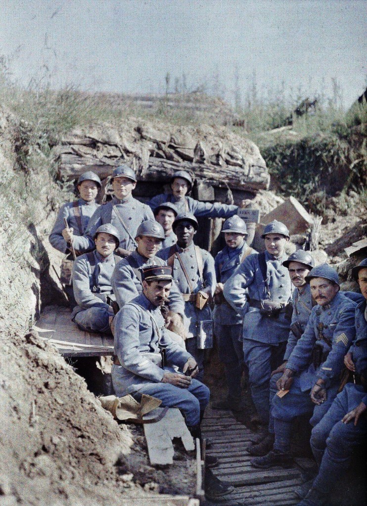 French poilus (soldiers) posing in a trench, France, 16 June 1917.