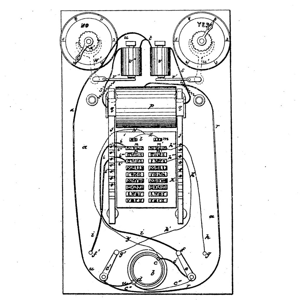 Thomas Edison's first patent, a drawing of the vote recorder on his patent