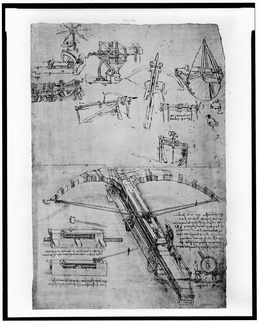 Illustrations of a crossbow from Da Vinci's notebook