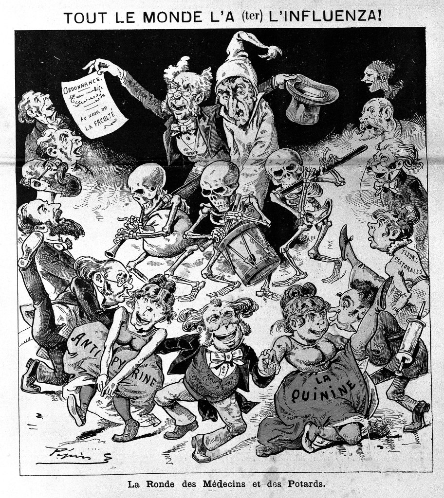 Influenza Flu satirical cartoon from the 19th century