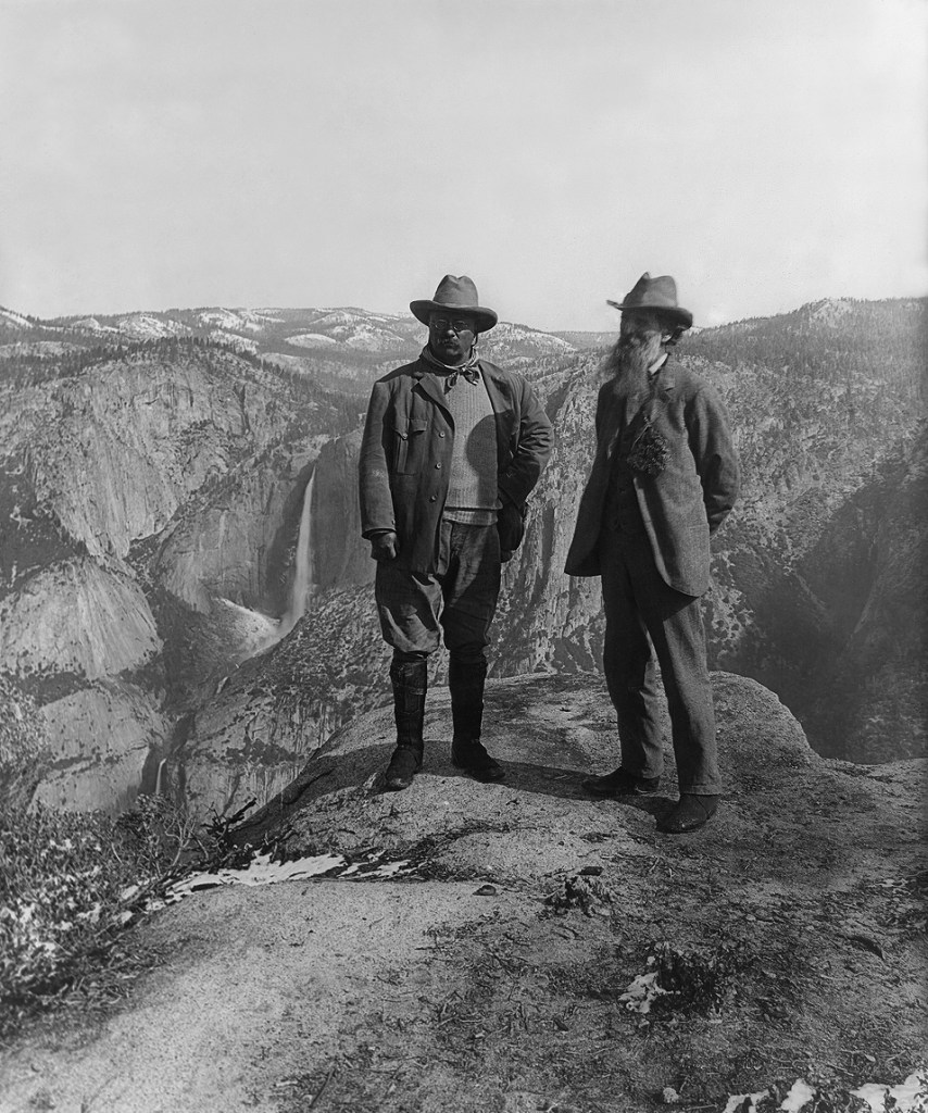 U.S. President Theodore Roosevelt (left) and nature preservationist John Muir, founder of the Sierra Club, on Glacier Point in Yosemite National Park. In the background: Upper and lower Yosemite Falls.