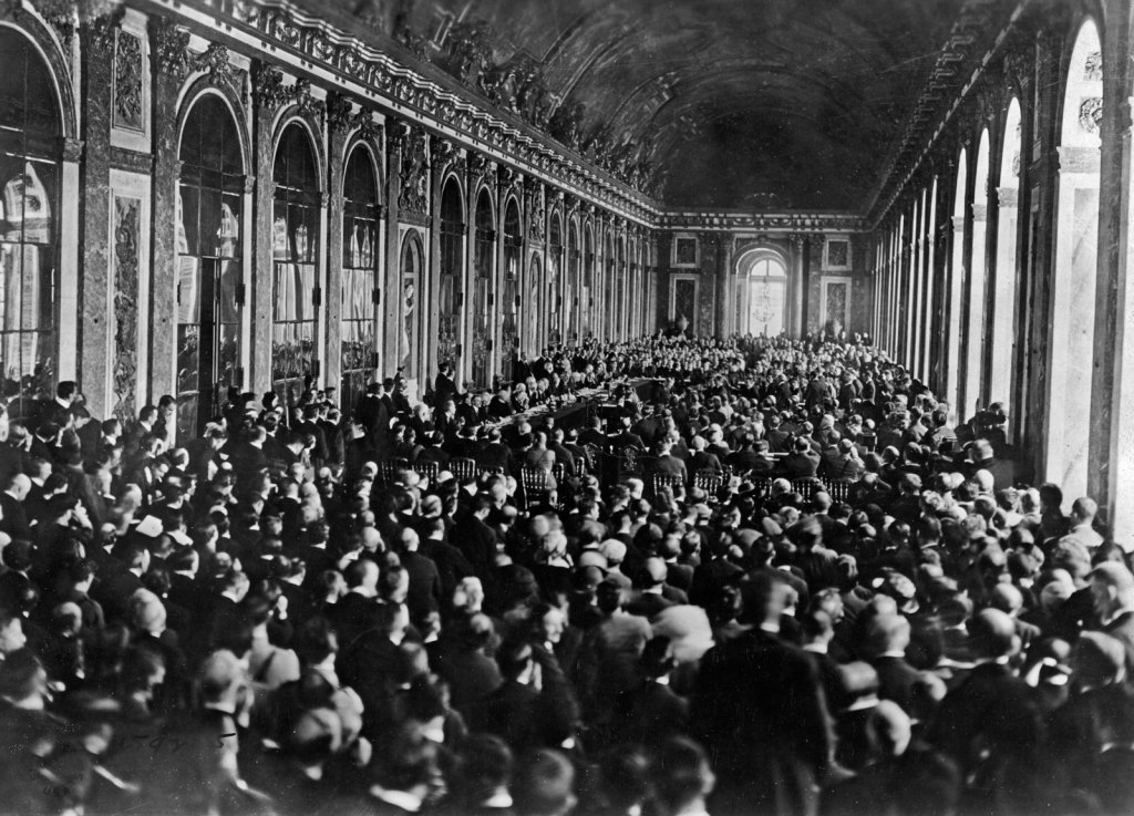 Signing of the Treaty of Versailles in the Hall of Mirrors within the Palace of Versailles in France. Taken on June 28th 1919