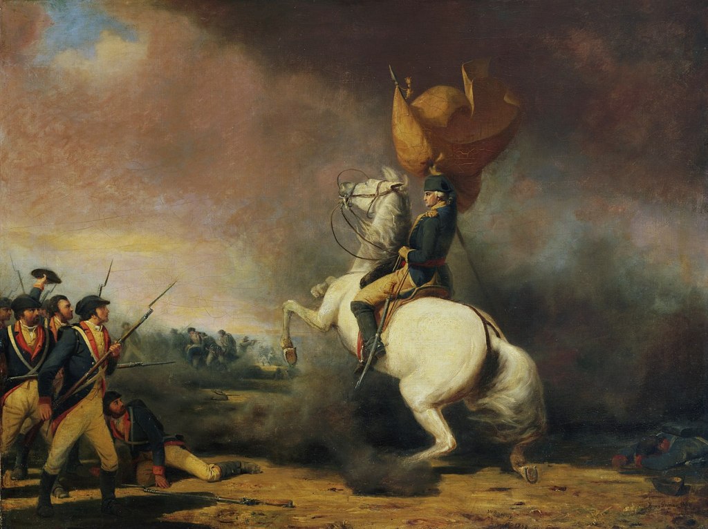 George Washington on horseback during the American Revolutionary War battle of Princeton in 1777.