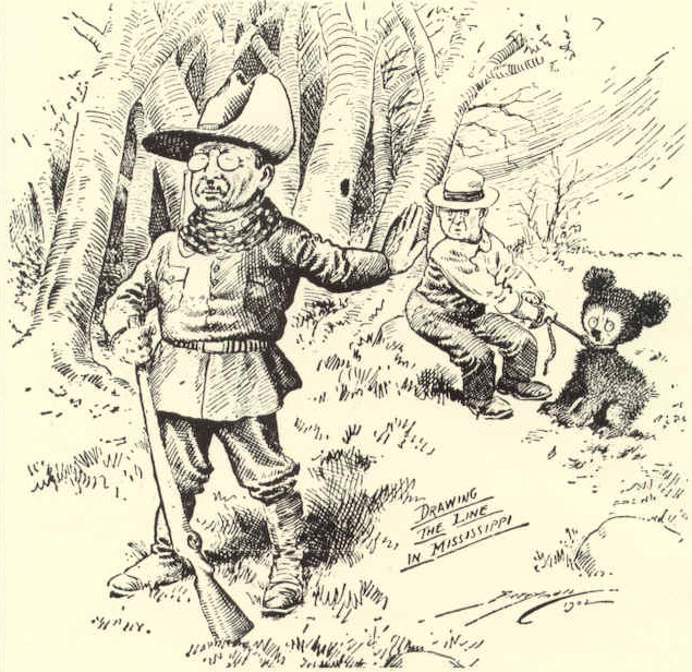 Drawing the line in Mississippi, This political cartoon by Clifford Berryman's depicts President Theodore Roosevelt's bear hunting trip to Mississippi. The cartoon gave the 'Teddy' Bear it's name. It was published in the Washington Post in 1902.