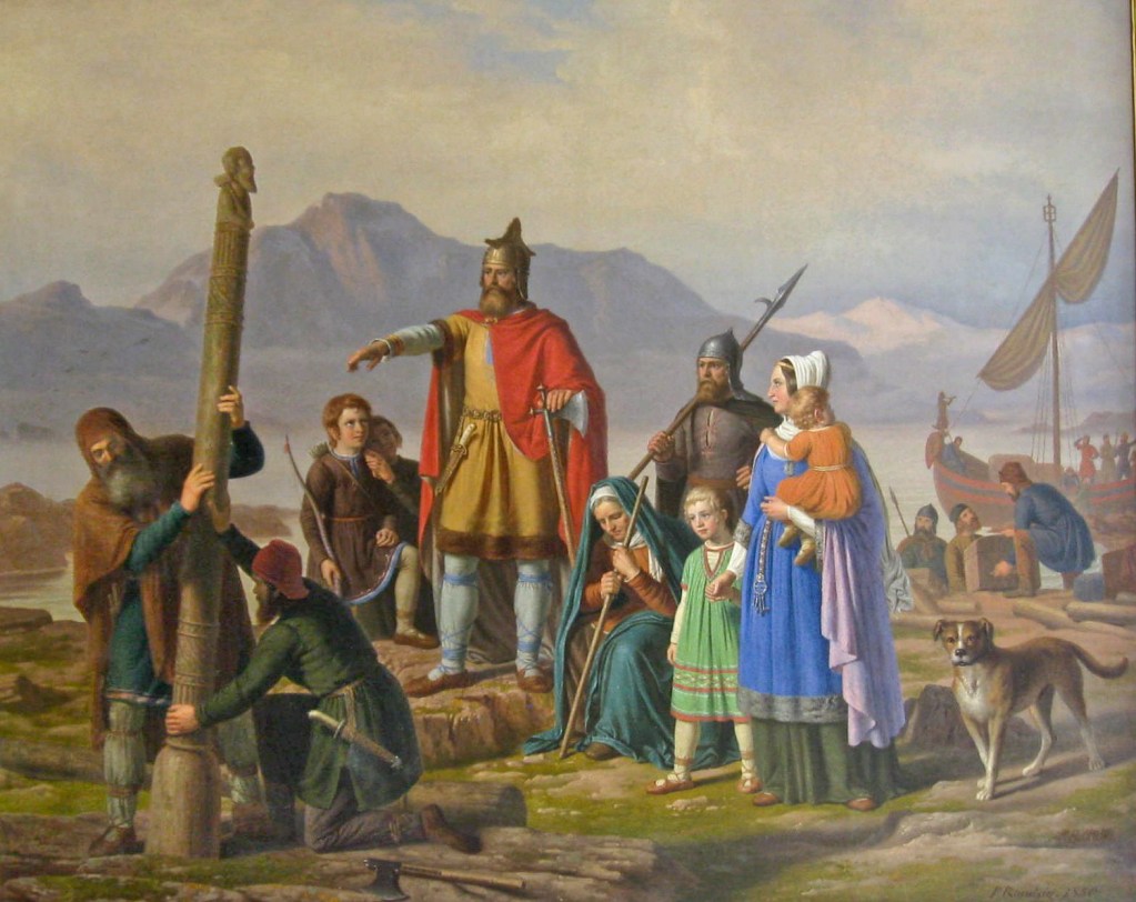 The painting depicts Ingólfr Arnarson, the first settler of Iceland, newly arrived in Reykjavík. He appears to be commanding his men, perhaps his slaves, to erect his high seat pillars. Several other people and a dog look on while others are unloading a nearby ship. In the background there are mountains.
