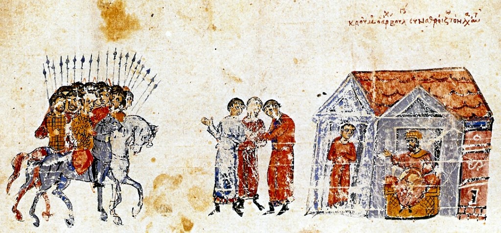 Khan krum gatherig men for the 9th century Battle of Versinikia depicted on the Madrid Skylitzes
