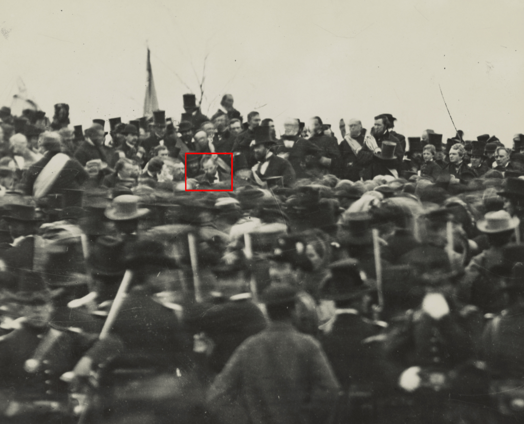 President Abraham Lincoln (in the center) at the dedication of the Soldiers' National Cemetery in Gettysburg, Pennsylvania, on November 19, 1863.