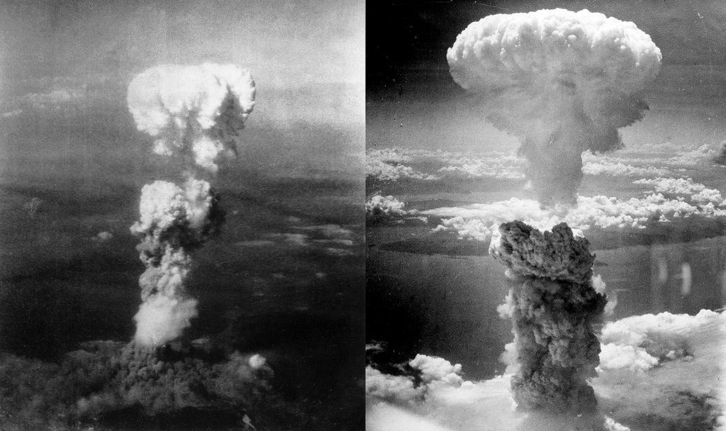 Mushroom clouds over Hiroshima (left) and Nagasaki (right) after the atomic bombs were dropped on the cities, August 1945.
