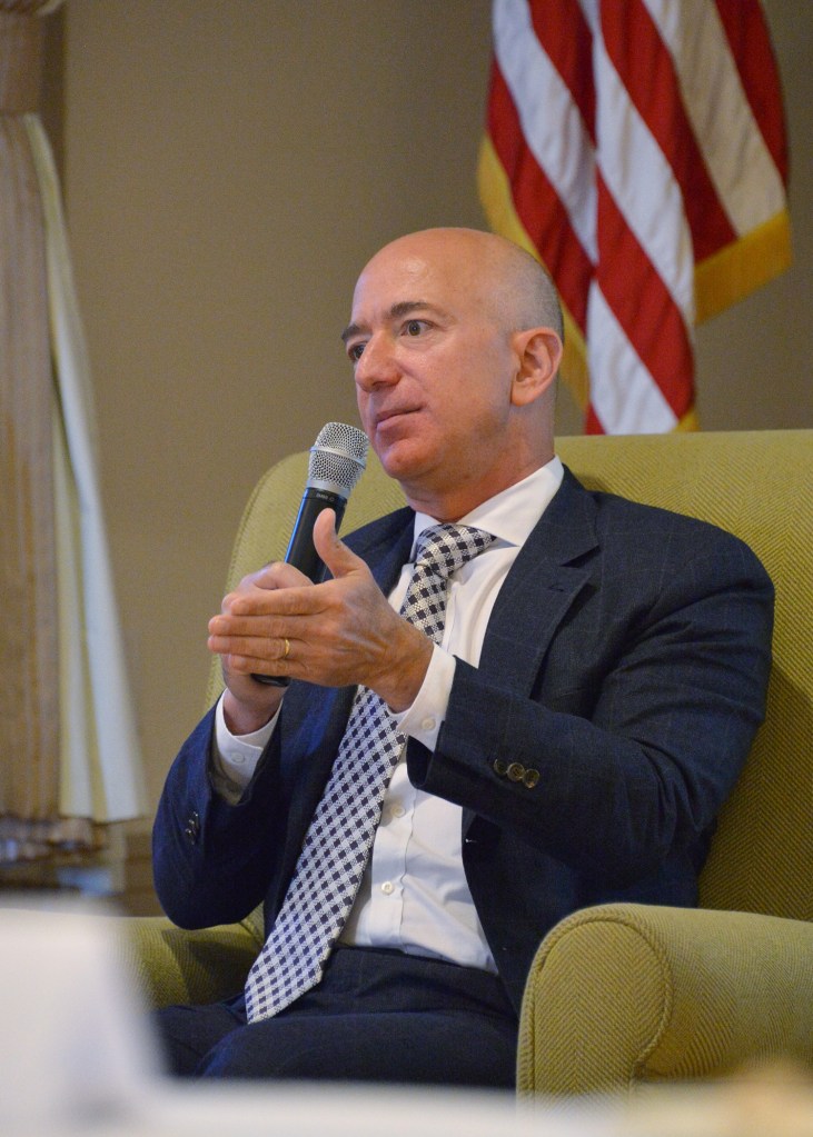 Jeff Bezos, founder of private space company Blue Origin and the Amazon.com which was founded in the 20th century, visited the Los Angeles Air Force base, Space and Missile Systems center and spoke to the Commanders and Leaderships of Air Force Space Command at Ft. MacArthur, San Pedro, Calif., Oct 25, 2017.