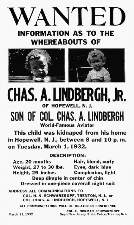 Wanted Poster from the 1930s for information regarding Charles Lindbergh Jr.