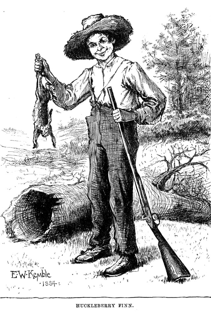 Drawing of Huckleberry Finn with a rabbit and a gun, from the original 1884 edition of the book