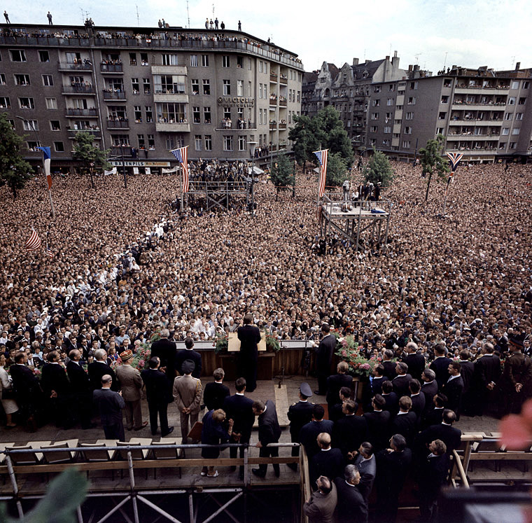 KN-C29248 26 June 1963 President John F Kennedy's address to the people of Berlin. Rudolph Wilde Platz, West Berlin, Federal Republic of Germany. Photograph by Robert Knudsen, White House, in the John F. Kennedy Presidential Library and Museum, Boston.