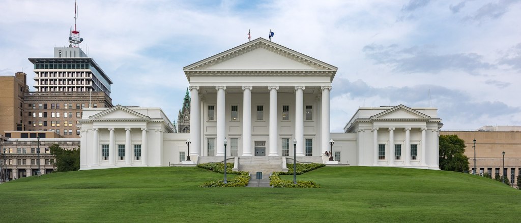 The Virginia State Capitol is the seat of state government of the Commonwealth of Virginia, located in Richmond, the third capital city of the U.S. state of Virginia. (The first two were Jamestown and Williamsburg.) It houses the oldest elected legislative body in North America, the Virginia General Assembly, first established as the House of Burgesses in 1619. The Capitol was conceived of by Thomas Jefferson and Charles-Louis Clérisseau in France, based on the Maison Carrée in Nîmes.