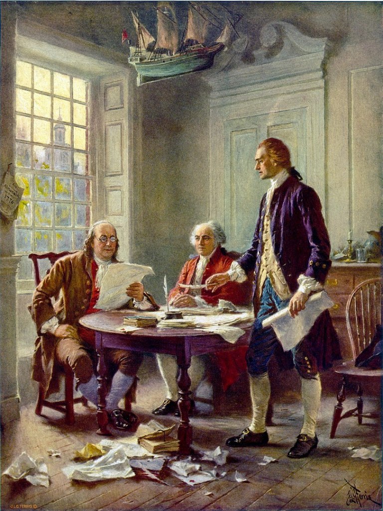 Thomas Jefferson (right), Benjamin Franklin (left), and John Adams (center) meet at Jefferson's lodgings, on the corner of Seventh and High (Market) streets in Philadelphia, to review a draft of the Declaration of Independence. 1 photomechanical print : halftone, color (postcard made from painting). Postcard published by The Foundation Press, Inc., 1932. Reproduction of oil painting from the artist’s series: The Pageant of a Nation.