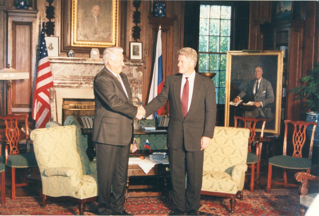 President Bill Clinton and Russian President Boris Yeltsin's meeting for a summit at the home of FDR on October 23, 1995. The four hour meeting took place privately in the library of FDR's home and inside the FDRL.