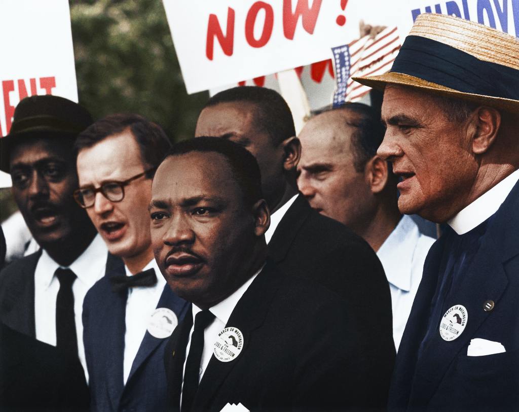 [Civil Rights March on Washington, D.C. [Dr. Martin Luther King, Jr. and Mathew Ahmann in a crowd.], 8/28/1963" Original black and white negative by Rowland Scherman. Taken August 28th, 1963, Washington D.C, United States (The National Archives and Records Administration). Colorized by Jordan J. Lloyd.