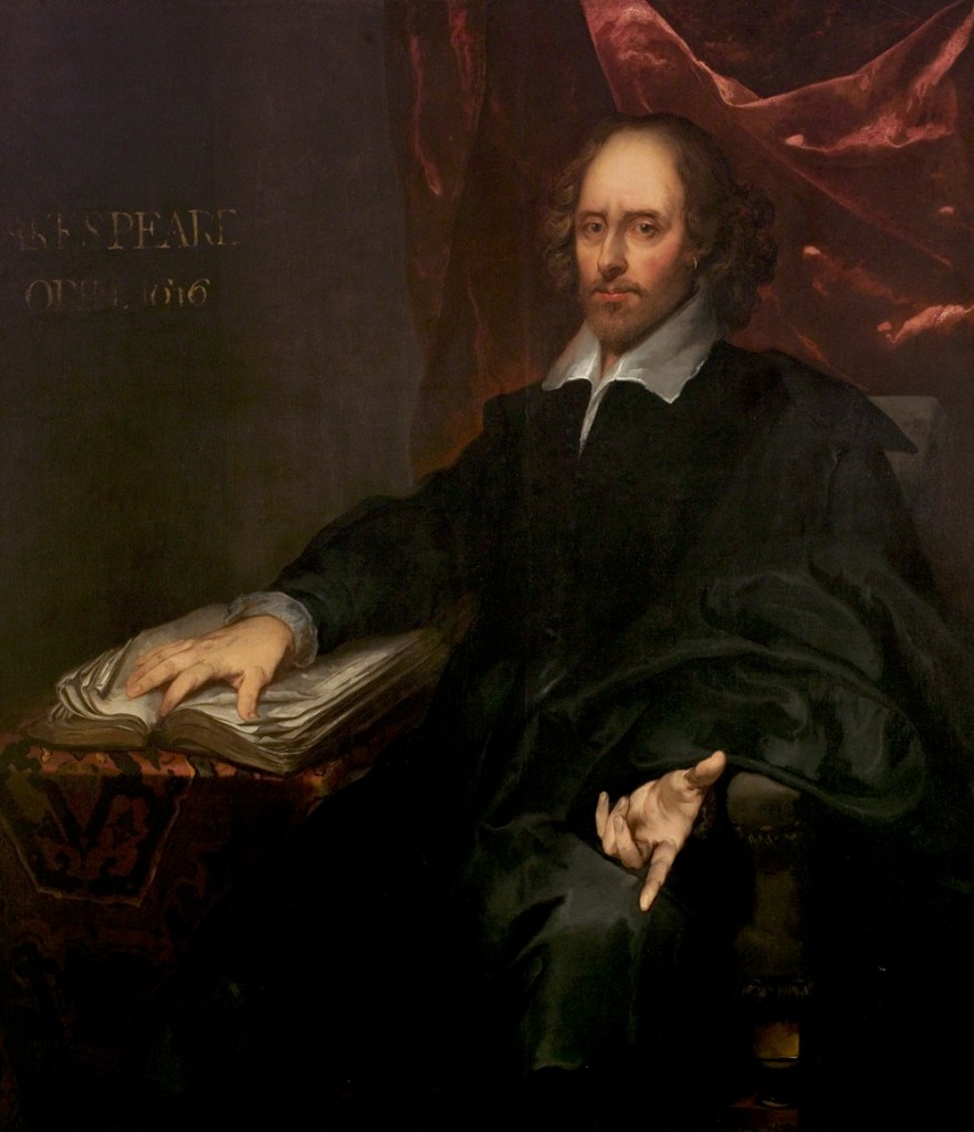 This portrait, possibly by the Dutch painter Pieter Borsselaer was once owned by the Earl of Chesterfield. It is perhaps the most Baroque of all paintings of Shakespeare, with its flamboyant and expressive gesture. Shakespeare's head is clearly modelled on the Chandos portrait (now in the National Portrait Gallery, London), including the characteristic earring.