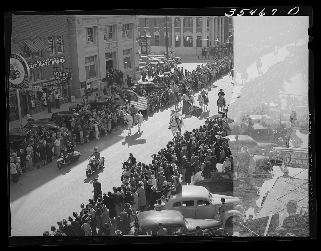 Original black and white photograph of the San Angelo Fat Stock Show Parade taking place in San Angelo, Texas, United States