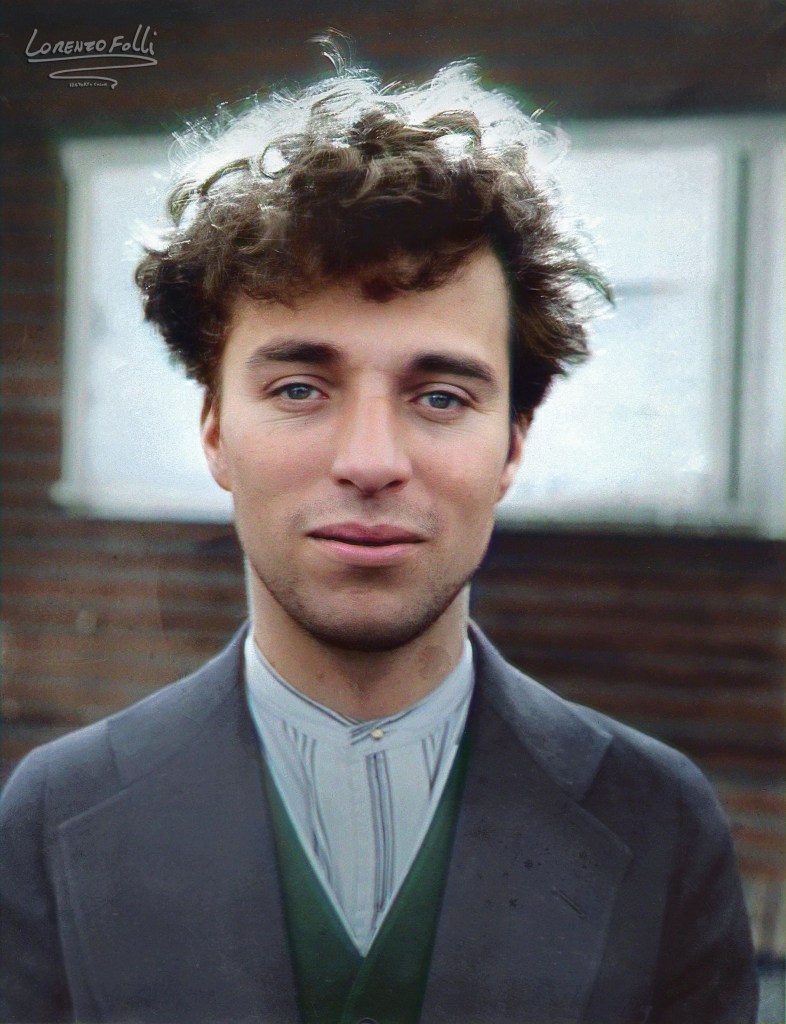 One of the most iconic historical figures of the movie industry, Charlie Chaplin, without makeup in 1916 - Colorized