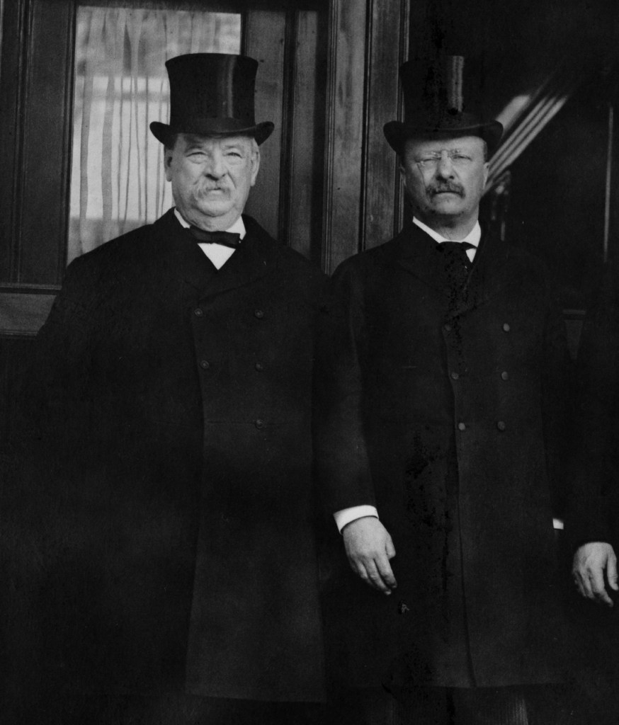 26th President of the United States Theodore Roosevelt (right) photographed with 22nd and 24th President of the United States Grover Cleveland (left), circa 1903.