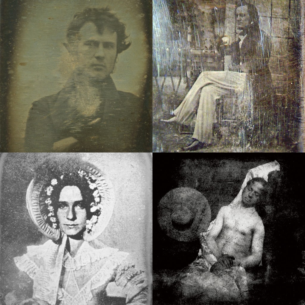 A collage of some of the first portrait photographs of people. Photographs taken by Robert Cornelius, John William Draper and Hippolyte Bayard.
