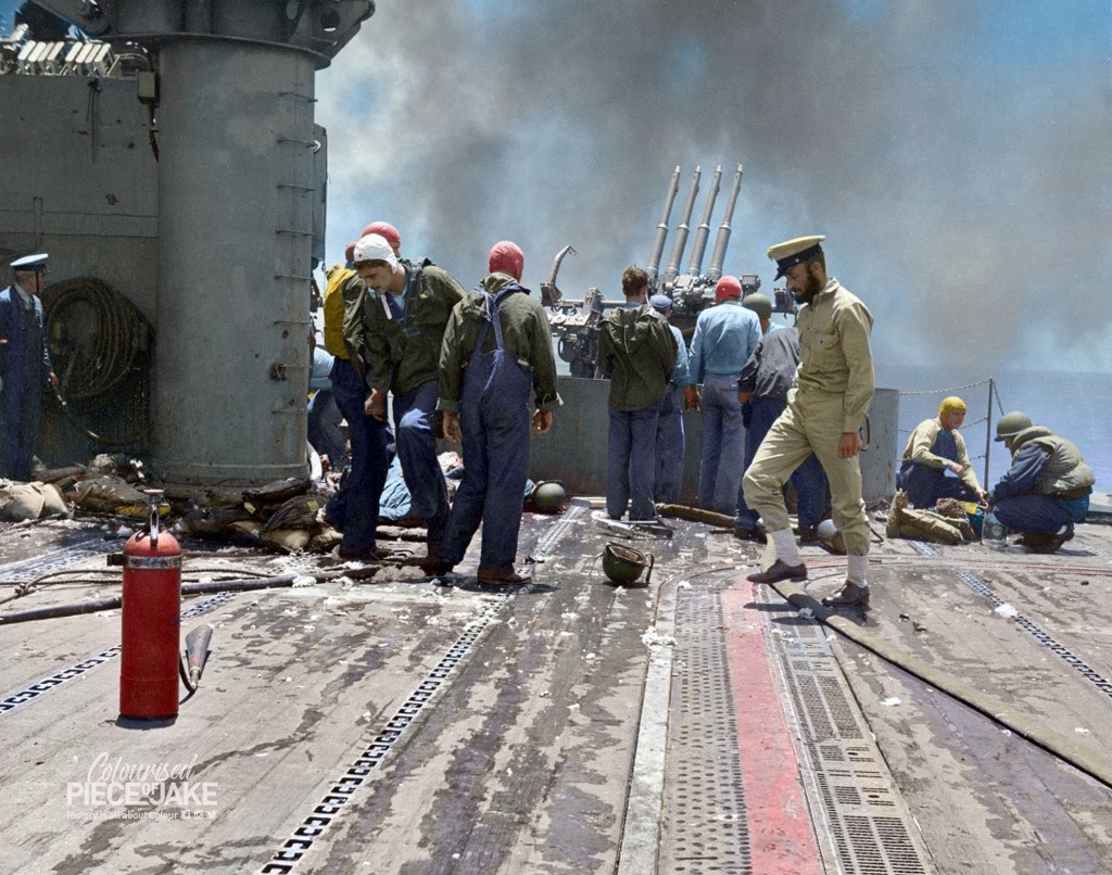 World War II photo of hosptical corpsmen treating casualties on board the USS Yorktown during the battle of midway. Colorized by Colourised Piece of Jake