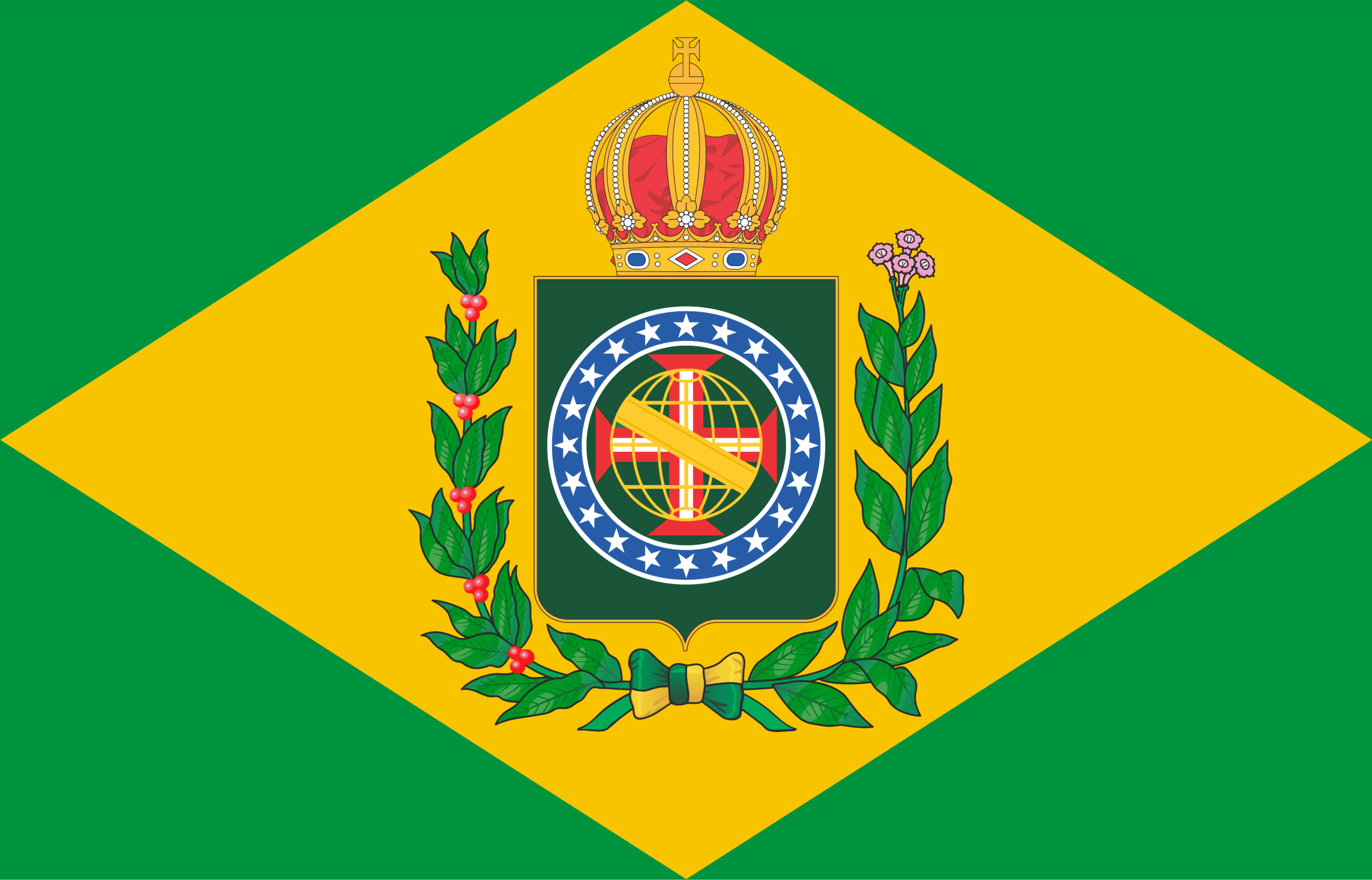 Green and yellow flag with an emblem in the center featuring 20 stars.