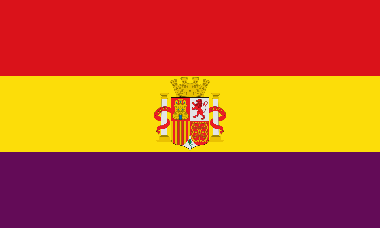 Tricolor of horizontal red, yellow and purple with an emblem in the center.