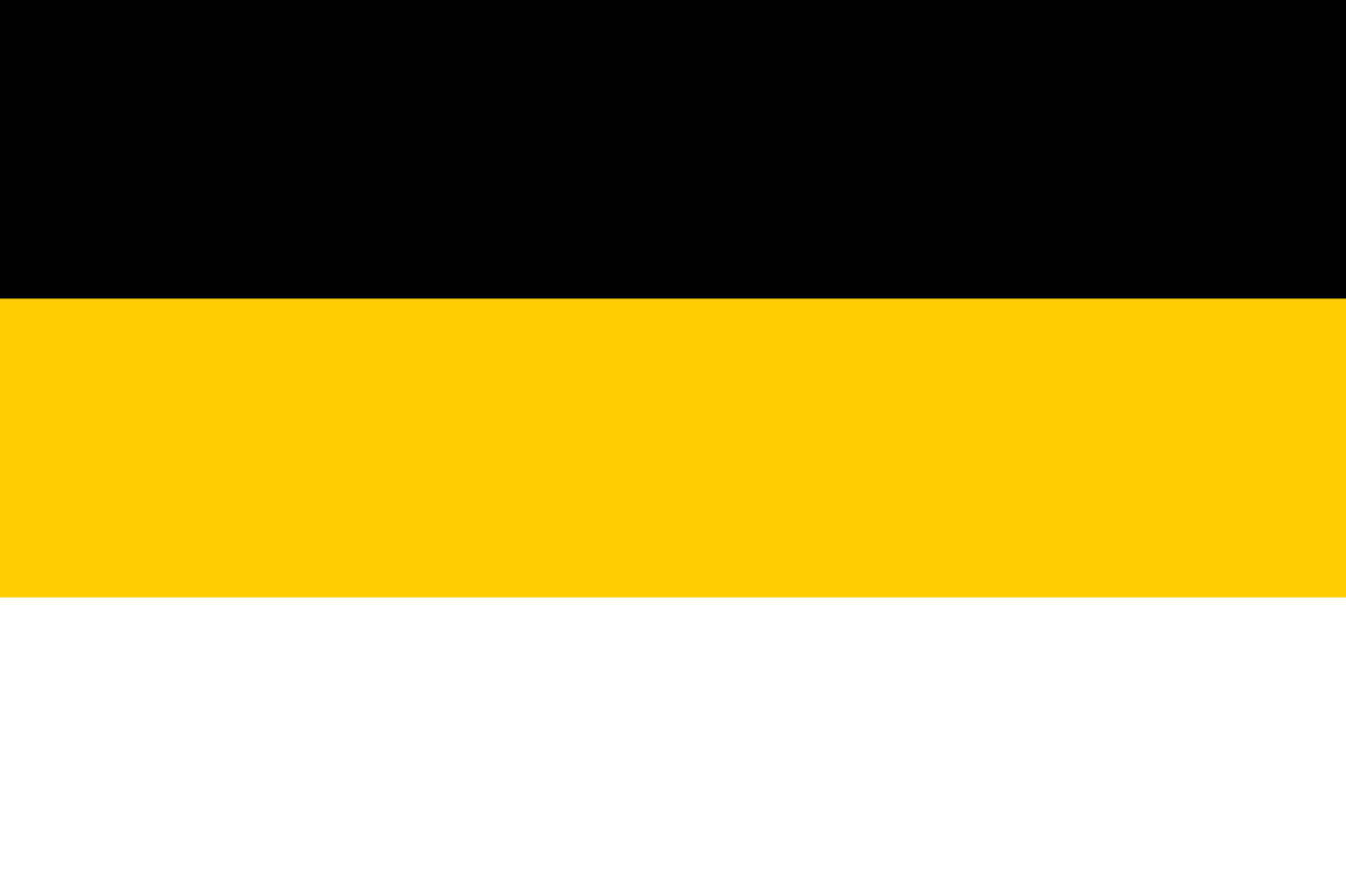 Tricolor flag of black, yellow, and white in horizontal lines.