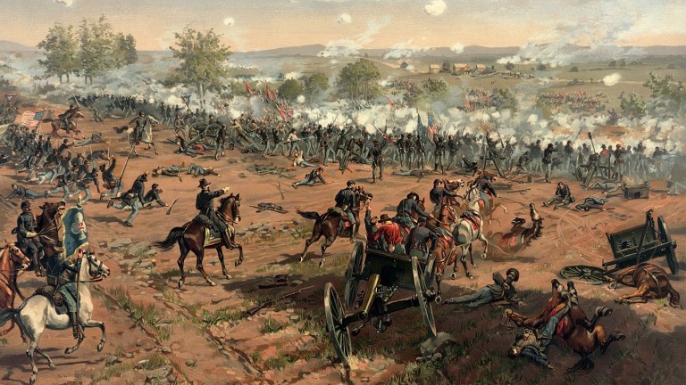 L. Prang & Co. print of the painting "Hancock at Gettysburg" by Thure de Thulstrup, showing Pickett's Charge. Restoration by Adam Cuerden.