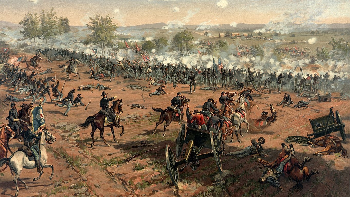L. Prang & Co. print of the painting "Hancock at Gettysburg" by Thure de Thulstrup, showing Pickett's Charge. Restoration by Adam Cuerden.