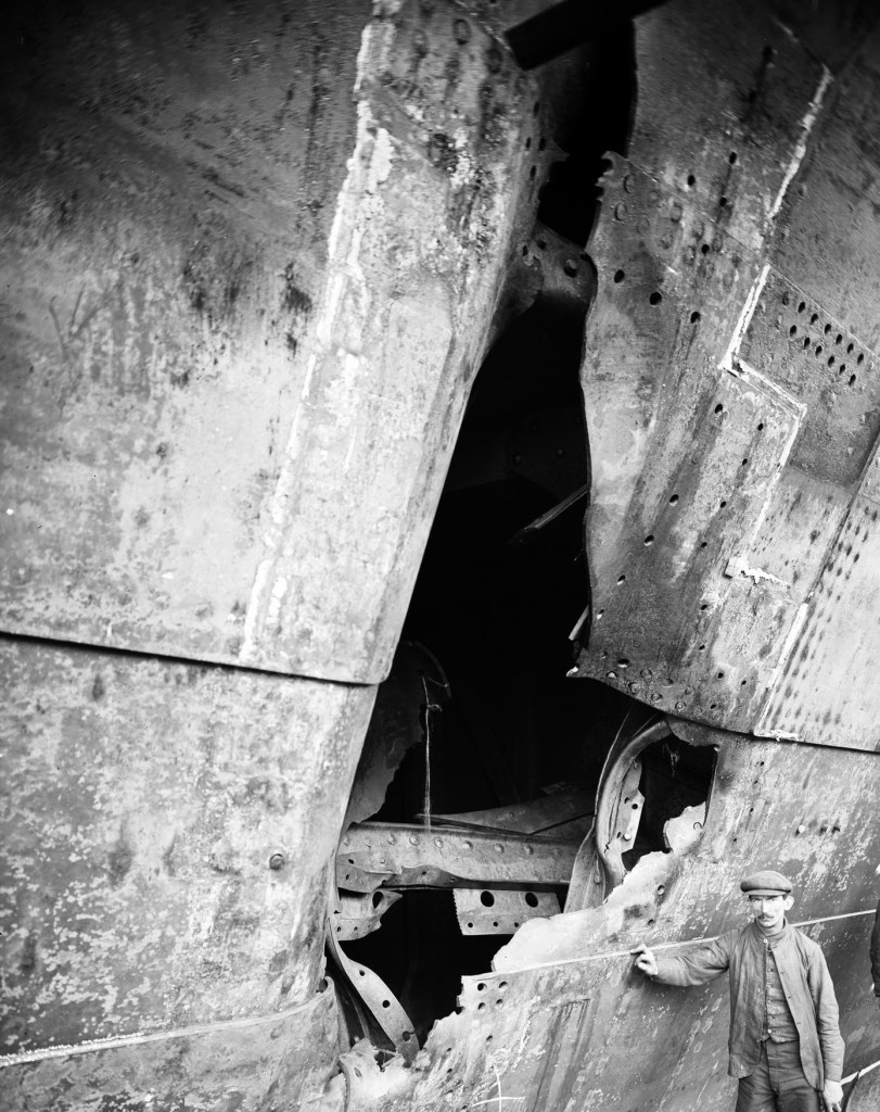 The hull of RMS Olympic following her collision with HMS Hawke in 1911