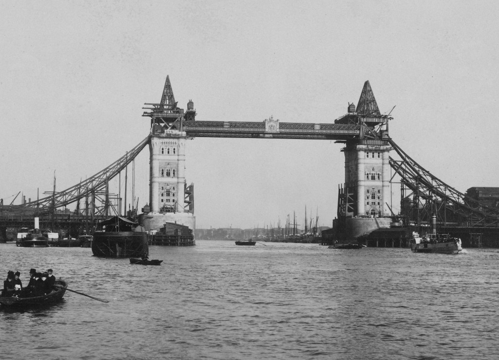 Tower Bridge under construction in London photographer unknown and taken in 1893 - 1894.