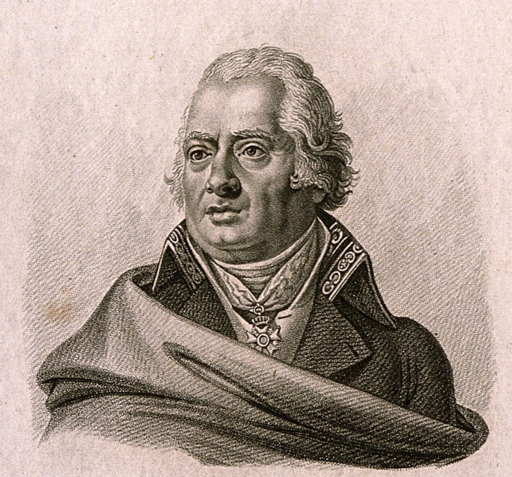 Stipple engraving of French physician and military surgeon Pierre-François Percy who studied the condition of Tarrare