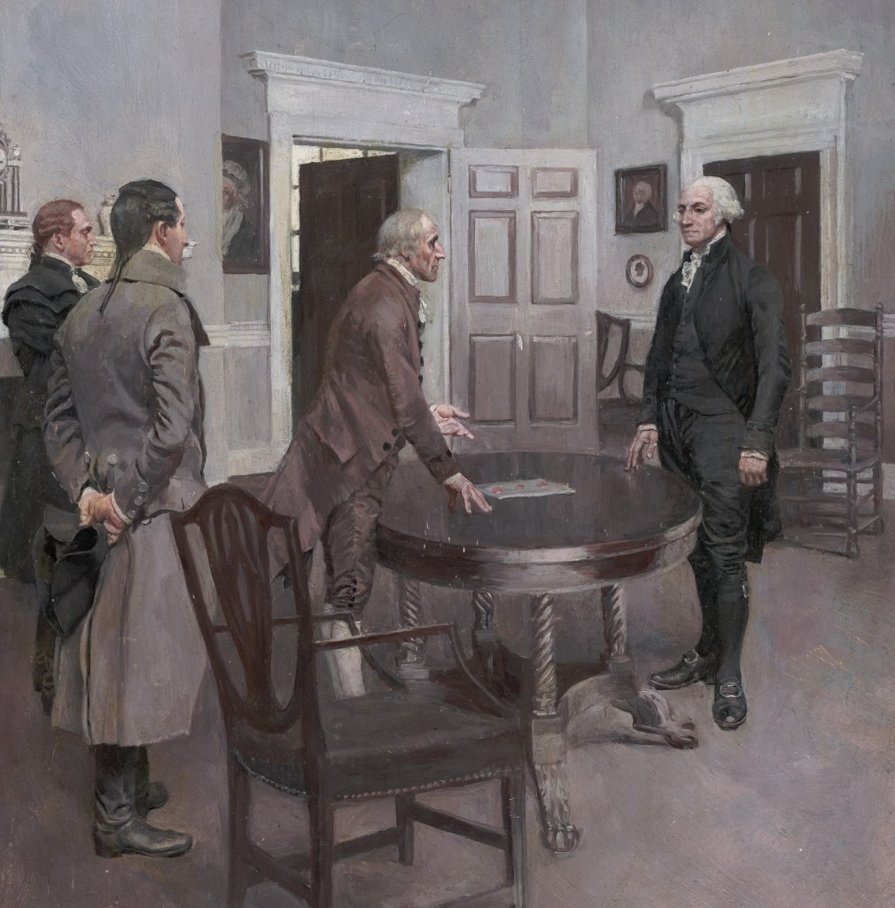 Painting of Charles Thomson, Secretary of the Continental Congress, informing George Washington of the latter's election to the presidency of the United States on April 14, 1789, in the reception room of Washington's Mount Vernon mansion in Virginia. Painted by Howard Pyle between 1890 and 1896.
